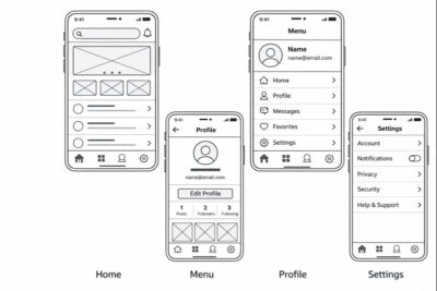 رسم سلكي (Wireframe) أبيض وأسود يوضح هيكلة تطبيق جوال
