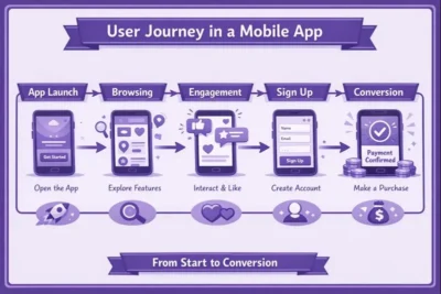 مخطط يوضح رحلة المستخدم داخل تطبيق جوال من البداية للتحويل